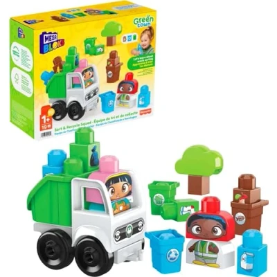 Bild av Mega HDL06 Bloks Green City Set, 19 stora byggklossar, specialdelar, 2 byggbara figurer, 1 rullande återvinningsbil för sortering av kompost, återvinning och sopor, leksakspresent från år