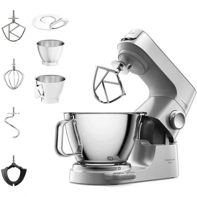 Bild av Kenwood Titanium Chef Baker Silver KVC85.004SI, Köksassistent Matberedare, Integrerad Våg, 3 Kroks och Vispar för Blandning i Rostfritt Stål Gummivisp, Skålar på 5L 3,5L, 1200W,