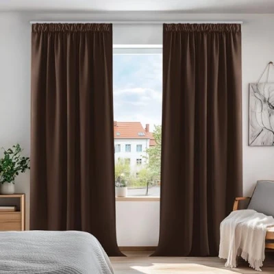 Bild av Deconovo Mörkläggningsgardiner pennveck gardiner och gardinstång fickgardiner B 140 x L 175 cm choklad 2 paneler