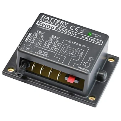 Bild av Kemo M148 24 batterivakt för 12 eller V/DC. Skyddar bilbatterier från djupurladdning. Automatisk påslagning efter återgång till normal spänning. batteridetektering, svart, grå