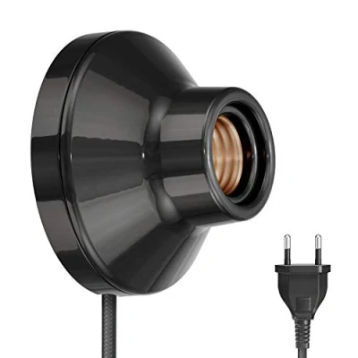 Bild av ledscom.de Vägglampa ELEKTRA, stickpropp, brytare, porslin, blank svart, rund, 1x E27 max. 300W, studiovägglampa, uttag direktanslutning, inredningsstil
