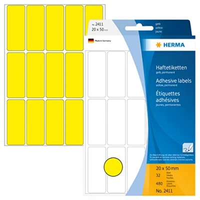 Bild av HERMA 2411 multifunktionsetiketter små (20 x 50 mm, 32 ark, papper, matt) självhäftande, permanenta hushållsetiketter för handskriven märkning, 480 klistermärken, gul
