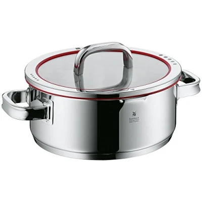 Bild av WMF Funktion 4 kastrull stor 24 cm, glaslock, stekpanna induktion 4,1 l, Cromargan polerat rostfritt stål, dräneringsfunktioner, inre skala, röd