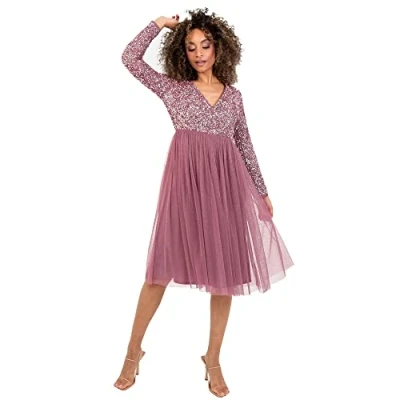 Bild av Maya Deluxe Dam bröllop gäst midiklänning långärmat halslinje V hals Sequin Embellished examen brudtärneklänning för kvinnor, Desert Rose, 44