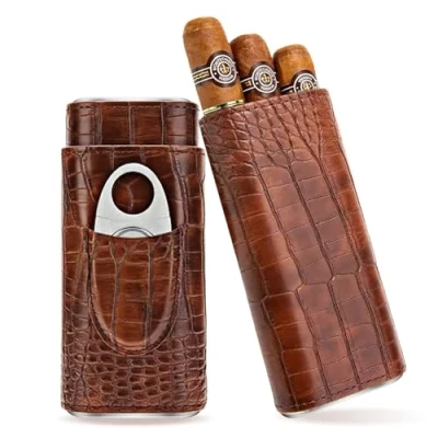 Bild av cigarrfodral för 3 cigarrer, humidor läder med cigarrskärare, läder, cigarrhumidor, bärbar cigarrer resor korta