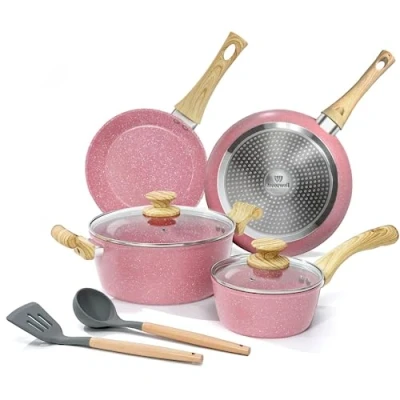 Bild av Innerwell grytset stekpanna induktion 8 delar, non stick beläggning och set med lock, PFOA PFOS fri (rosa)