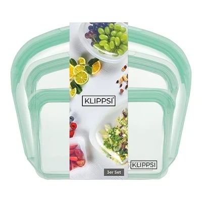 Bild av KLIPPSI® Uppsättning av 3 återanvändbara silikonpåsar fryspåsar förvaringspåsar slitstarka, värmebeständiga, läckagesäkra, diskmaskinssäkra (grön)