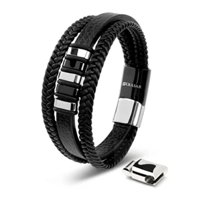 Bild av SERASAR Läderarmband för Män 17cm Flätat Svart/Silver Armband Pojkarmband Hanarmband Smyckepresentidé Jubileumspresenter Present till Make, Pojkvän