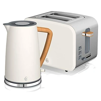Bild av Swan Nordic Set Desayuno sladdlös vattenkokare 1,7 l 2 200 W bred slits brödrost skivor 3 funktioner modern design träeffekt vit