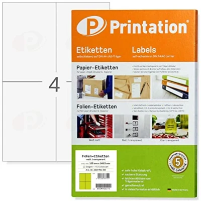 Bild av folieetiketter 105 x 148,5 mm väderbeständig på DIN A4 ark 2 etiketter/sida självhäftande, tryckbara med laserskrivare (10 transparent matt)