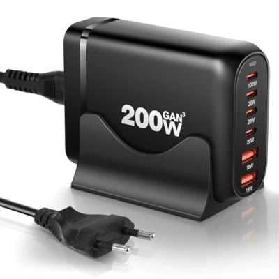 Bild av Blumacht USB C laddare 200 W, 6 portar, snabbladdare, flera gånger med 4 och 2 A, bärbar laddningsstation, laddare, kontakt, adapter för MacBook Pro/Air, iPad summa