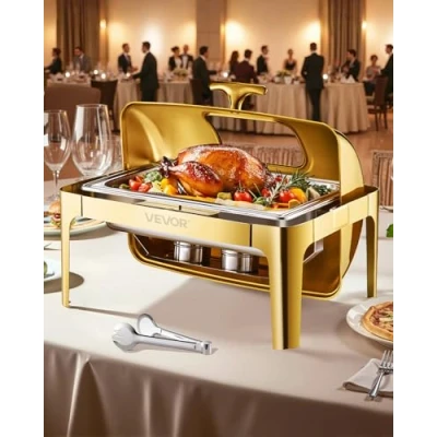 Bild av VEVOR Chafing Dish Set matvärmare i rostfritt stål med stekpannor full storlek (8,5 l), rektangulär värmedispenser synligt lock och vattenpannställ bränslehållare, för fester, guld
