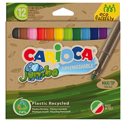 Bild av CARIOCA Jumbo Eco Family Markörer Supertvättbara återvunna plastmarkörer för barn, Maxi spets i låda, blandade färger, 12 stycken