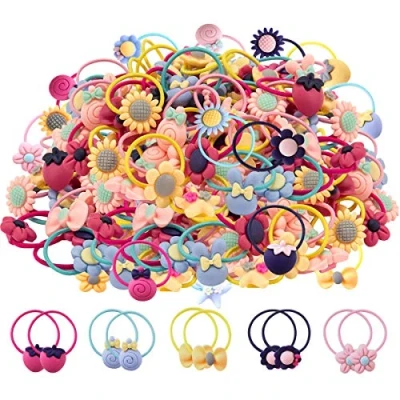 Bild av 100 st blandade färger flickor elastiska hårband mjuka gummiband hästsvanshållare hårtillbehör för spädbarn småbarn (50 par)