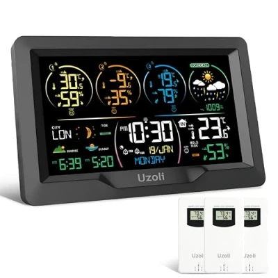Bild av Uzoli Väderstation trådlös med 3 utomhussensorer Radioklocka Färgdisplay Väderprognos Radioväderstation Termometer Hygrometer för inomhusbruk utomhusbruk Lufttryck Soluppgång/nedgång Tidvatten Månfas