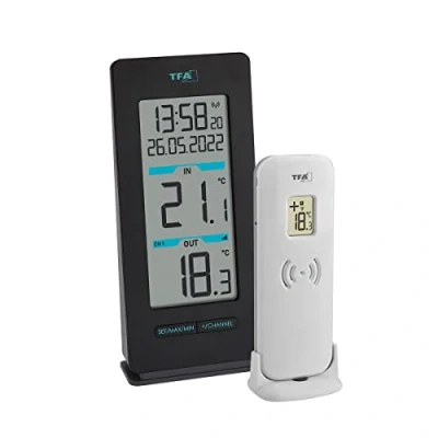 Bild av TFA Dostmann Trådlös termometer Buddy, 30.3072.01, utomhustemperatur och innertemperatur, högsta lägsta värden, radioklocka, svart