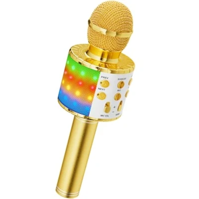 Bild av karaoke trådlös mikrofon, An 4 i 1 barn bluetooth mikrofonhögtalare med dansande LED lampor, hem KTV spelare kompatibel Android och telefonenheter för sång/inspelning, guld