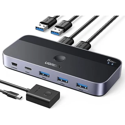 Bild av UGREEN USB Switch 2PC 3.0 Switcher C 2 in 4 Out med Desktop Controller KVM Aluminiumhölje A till kablar för tangentbord, mus, skrivare, skanner, minne etc.