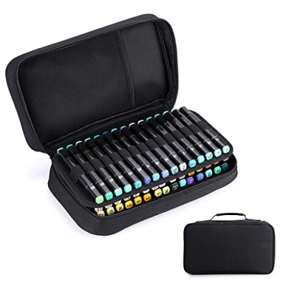 Bild av BTSKY Konst markör bärväska läppstift organisatör 60 fack kanvas dragkedja markörer förvaring för Copic Prismacolor Touch Spectrum Noir färg sharpie markörer, endast tom plånbok, Svart, 1 Count (Pack