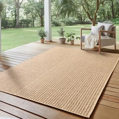 Bild av SIMPEX Inomhus &amp; Utomhusmatta robust, väderbeständig och lättskött, med naturlig jute look, perfekt för vardagsrum, kök, terrass, trädgård balkong, 120x170 cm