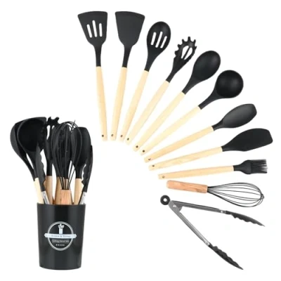 Bild av Wenrescry 12 delat set med köksredskap, värmebeständig, non stick belagd, diskmaskinssäker, ergonomisk, livsmedelssäker, redskapshållare, svart: komplett kökshjälpsset