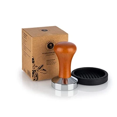 Bild av Buddy&#039;s Bar Barista Edition, premium tamper, kaffetätare Ø 53 mm bas, H: 9 cm, rostfritt stål, espressomämpel för portagare, kaffeampare med silikonmatta, trähandtag