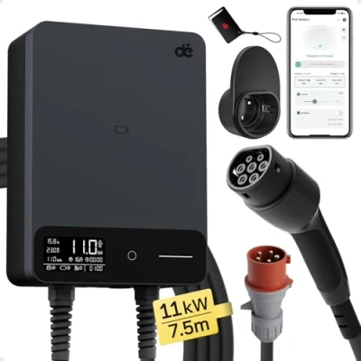 Bild av dé Elbil Laddare 11kW [6 16A, 3 fas, 400V] EV med 7,5m Typ 2 kabel, RFID, RCD B skydd och IP55, Wallbox Kompatibel Model Y/3, ID.3/4/5, MG4, EX30, andra BEV/PHEV