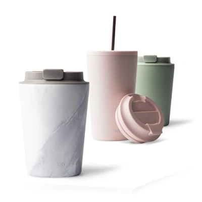 Bild av MAMEIDO termomugg 350ml läckagesäker kaffemugg to go tillverkad av rostfritt stål, dubbelväggig isolerad, coffee mugg, håller värmen (White Marble, 0,35l)