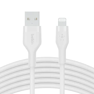 Bild av Belkin BoostCharge Flex silikon USB typ A till Lightning kabel (3 m/10 fot), MFi certifierad laddningskabel för iPhone 14/14 Plus, 13, 12, Pro, Max, Mini, SE, iPad med mera vit