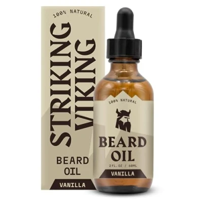 Bild av Striking Viking Vaniljskäggolja (stor 2 oz.) 100 procent naturlig skäggbalsam med ekologisk argan och jojobaskäggolja vaniljdoft mjukgör, återfuktar stärker skäggtillväxt
