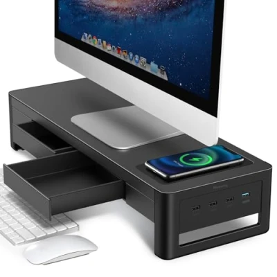 Bild av meatanty 3 i 1 höjande monitorstativ med 2 förvaringslådor, trådlös laddningsmodul och 4 USB portar, metall, stöder överföring av data laddning, för PC, laptop, iMac