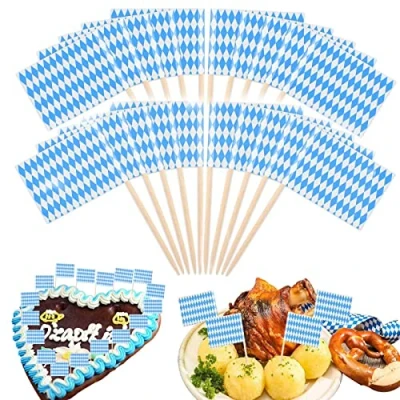 Bild av KEELYY 100 stycken partyplektrum ölsäker, 6,5 cm oktoberfest tandpetare flagga, Bayern blå vit tårtdekoration för temafest bordsdekoration