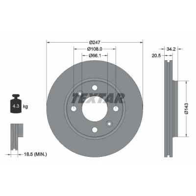 Bild av TEXTAR PRO 92043103 Disque de frein 247 20,5 04/06 108 ventilé l&#039;intérieur revêtu sans boulon fix roue, moyeu roue