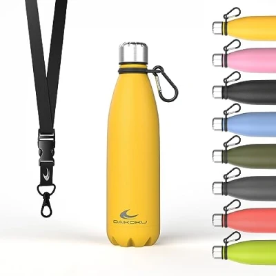 Bild av Daikoku Stainless Steel Bottle + Justerbar rem karbinhake, BPA Free Double Walled Thermos, återanvändbar vattenflaska, lufttät lock, färg gul, kapacitet 500 ML
