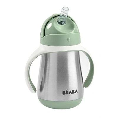 Bild av BÉABA, Flask/lärande mugg/babyflaska 2 i 1 rostfritt stål, sugrör för barn, 100% vattentät, läckagesäker, lätt att öppna, avtagbara handtag, material, hälsosamt, solid, 250 ml, salviagrön
