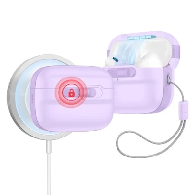 Bild av ESR för Airpods Pro fodral (2023/2022/2019, 2:a/1:a generationen), kompatibel med 2 (USB C/Lightning kabel), MagSafe redo, magnetiskt locklås, heldroppskydd snodd, lavendel
