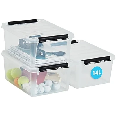 Bild av SmartStore Förvaringsbox med lock, 14 l, 3 pack, förstärkt, stor, transparent, lämplig för livsmedel, klämlås, stapelbar, BPA fri plast, 40 x 30 18 cm (L B H)