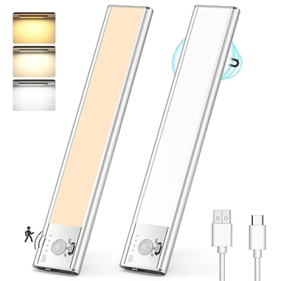 Bild av Lureshine Underbyggnad kök LED, 76 lysdioder skåpbelysning med rörelsedetektor 3 färglägen dimbar, LED list batteri USB uppladdningsbar skåplampa för garderob 2 stycken