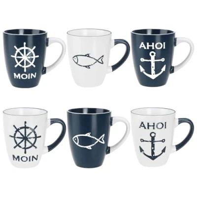 Bild av COM FOUR® 6x keramiska kaffemuggar 350 ml dricksmuggar Maritime kaffekoppar för hem och kontor Kaffekanna kalla varma drycker (6 stycken vit/blå)