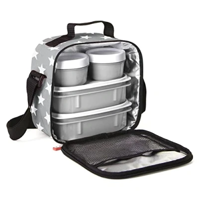 Bild av Tatay Urban Food Casual isolerad lunchväska, 3 L kapacitet, 4 matförvaringsbehållare i plast (2 x 0,5 L, 2 0,2 L) BPA fri, grå med stjärnor. Mått 22,5 10 22 cm
