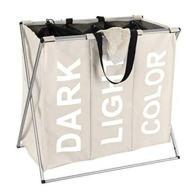 Bild av WENKO 3440113100 Tvättuppsamlare Trio Beige 3 tvättfack, kapacitet 130 L, Polyester, 63 x 57 38 cm