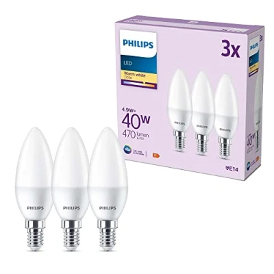 Bild av Philips LED multipack: 4,9W (40W), B35, E14, Varmvitt 2700 Kelvin, Frostad plast, 470 lumen, Ej dimbar, 15000 timmar livslängd, 3 pack