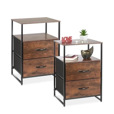 Bild av Relaxdays Industriellt nattduksbord, set om 2, H x B D: 70 45 42,5 cm, 2 lådor, sovrum, byrå, svart/brun