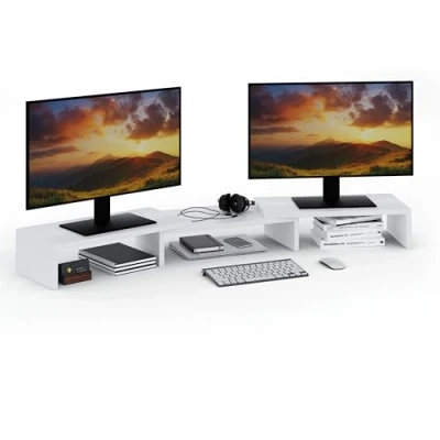 Bild av ComfortCove Dual Monitor Stand Riser, Stand, Desk Organizer, Laptop Computer 3 hyllor Justerbar längd, perfekt för ditt hemmakontor, Vit