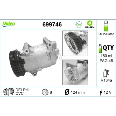 Bild av VALEO 699746 compresseur De Climatisation CVC 12 PAG 46 R 134a avec huile ECHANGE STANDARD RENAULT: MEGANE 2, SCENIC 2