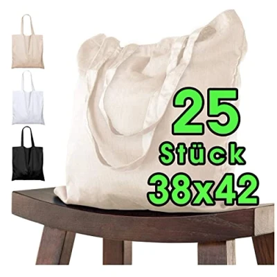 Bild av ELES VIDA Förpackning med 25 bomullspåsar 38 x 42 cm enkelt långt handtag tygväska bärväska axelväska bomullsväska juteväska Oeko Tex testad shoppingväska linneväska, Naturligt,