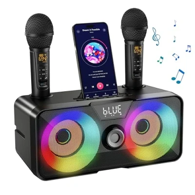 Bild av Karaoke maskin för vuxna barn med 2 trådlösa mikrofoner, bärbar bluetooth sjungande PA högtalarsystem LED lampor hemmafest, utomhus/inomhus/bröllop, kyrka, födelsedagspresenter