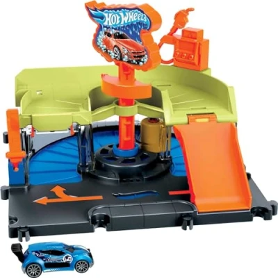 Bild av Hot Wheels City Downtown Express biltvättlekset med 1 bil, kan kopplas ihop andra lekset och banor, present till barn från 4 8 år, HDR27