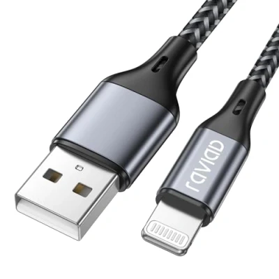 Bild av RAVIAD Phone laddningskabel, [1,8 m/6 fot, MFi certifierad] Lightning kabel, nylonflätad laddare, snabbladdningskabel för 13, 12, 11 Pro Max, Xs, X, XR, 8, 7, 6s, 6, SE, 5, 5s, 5c grå