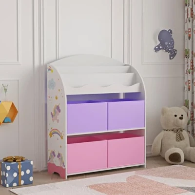 Bild av [en.casa] Barnbokhylla Orust barnhylla med motiv, leksaksskåp 97,5 x 82,5 29,5 cm 4 enhörningsförvaringslådor
